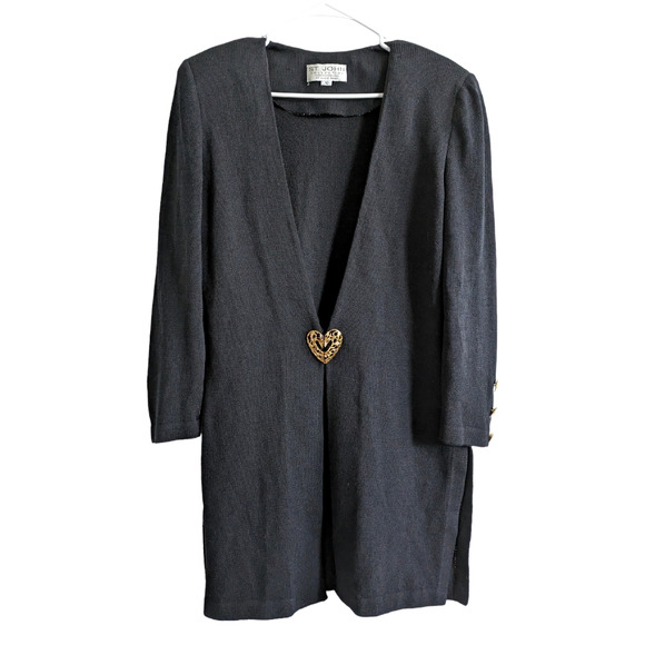 St. John Collection Heart Clasp/Ornaments Black Knit Long Cardigan Size 10 - Picture 1 of 6